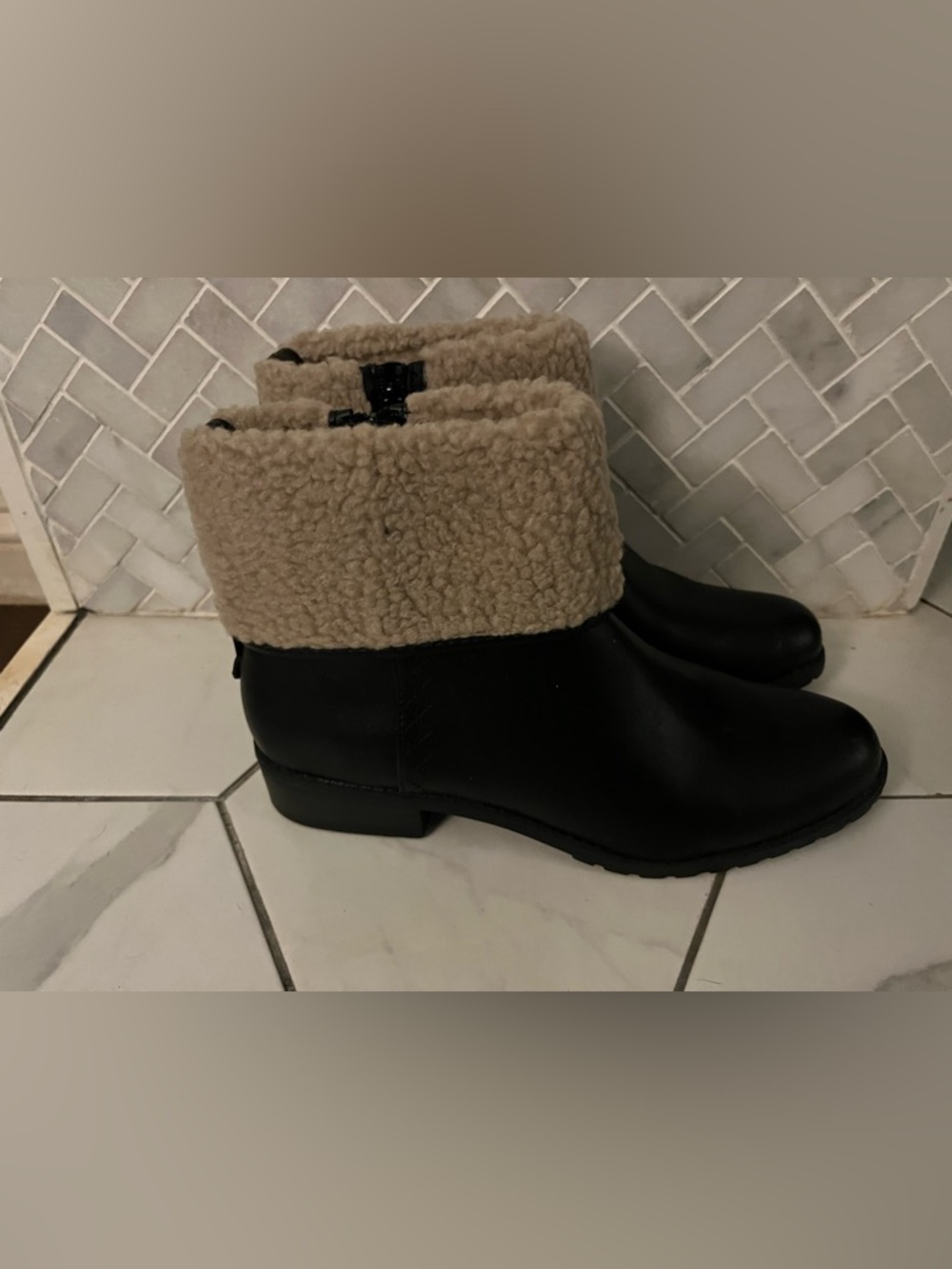 Style & Co. Black Ankle Booties with Cream Sherpa Cuff